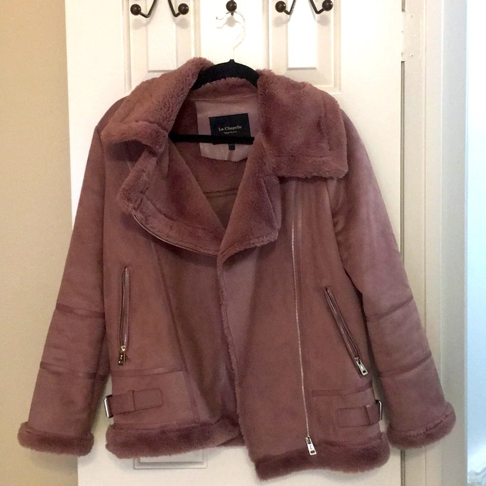 Dusty Rose Faux Fur Lined Moto Jacket Coat